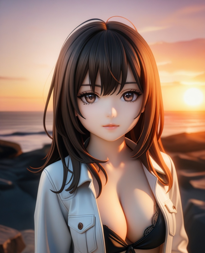 (,1girl, ,best quality, ),looking at viewer,masterpiece, (( , )),, realistic,science fiction,mole, ultra realistic 8k cg, , sun,sunset, (cleavage), (),