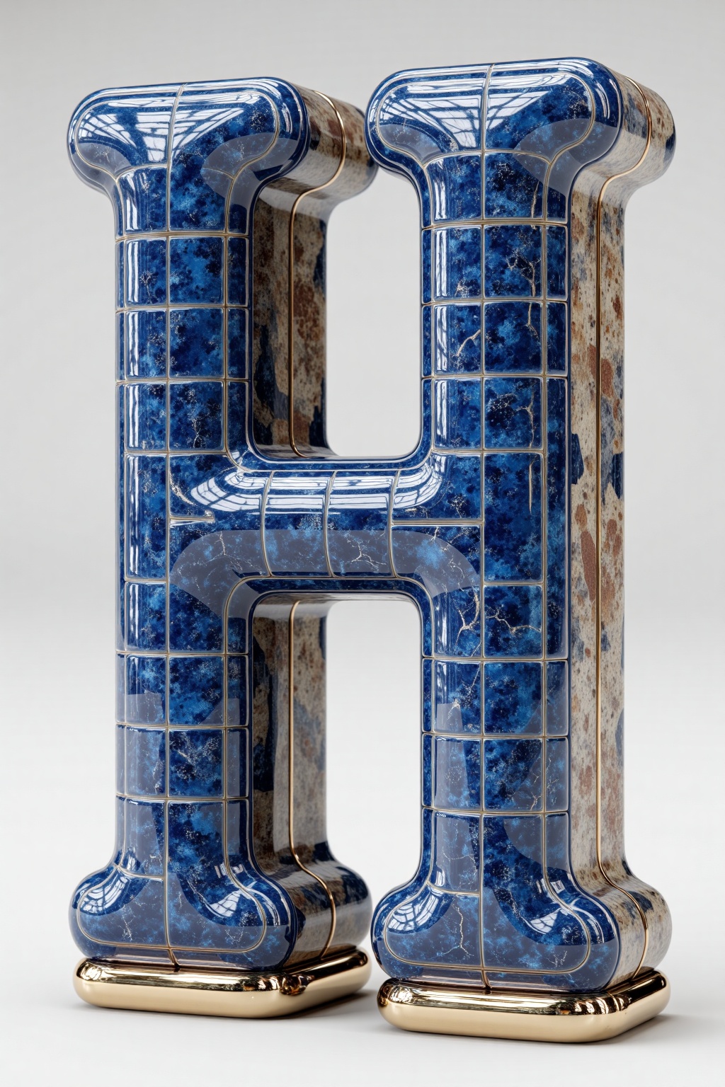 beijihui,The image shows a 3D model of a stylized letter "H" **** from a glossy, blue-tiled material with a marble-**** pattern. The tiles are arranged in a mosaic style, with some parts featuring a crackle texture. The "H" has a smooth, reflective surface, and the base of the letter is slightly golden, giving it a luxurious appearance. The background is a plain, neutral gray, which helps to highlight the intricate details and colors of the letter.