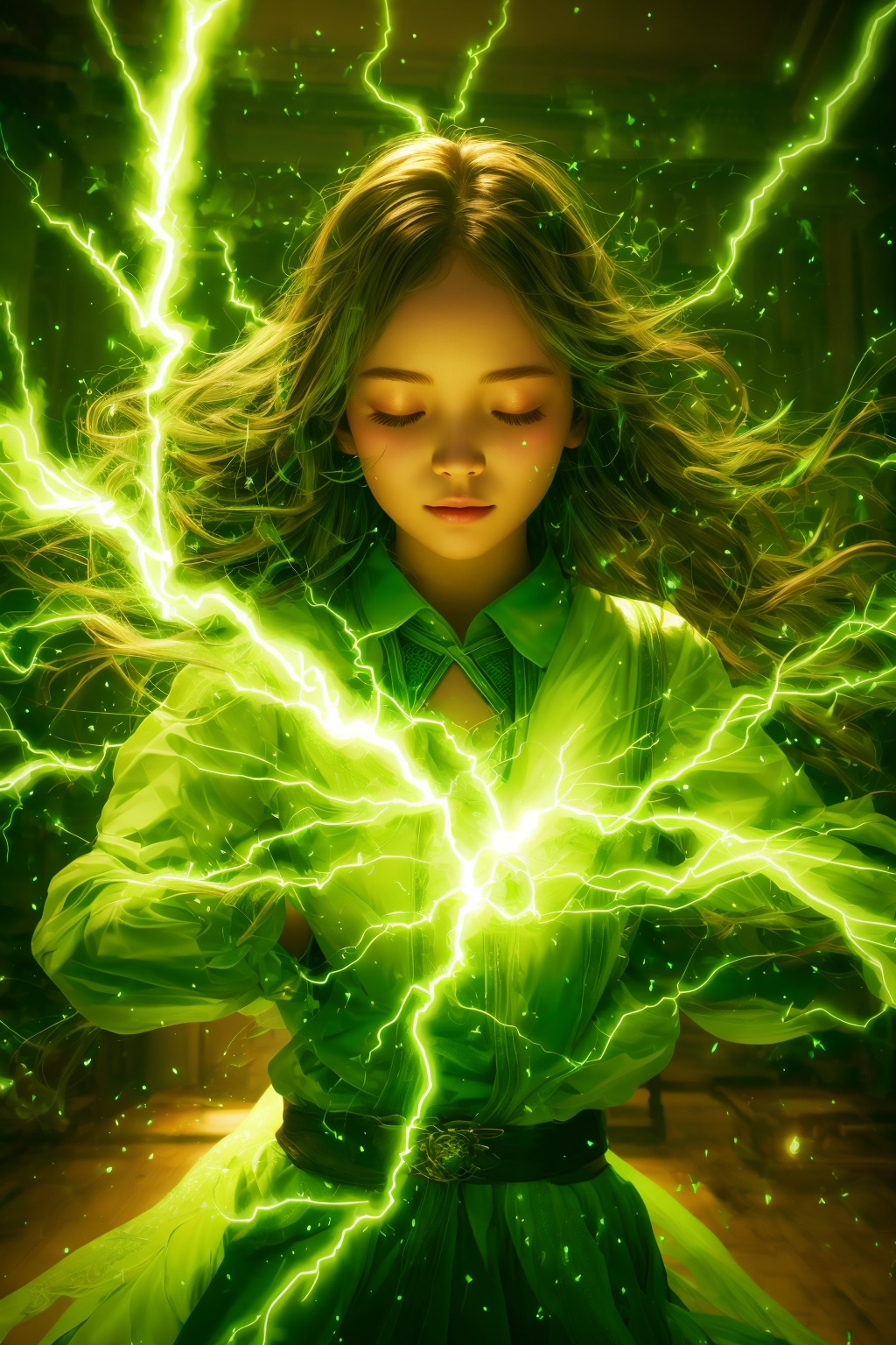 green-aura,green-magic,using green-lightning-magic,green-lightning-magic,green-lightning-aura,1girl,solo,closed eyes,brown hair,indoors,glowing,facing viewer,<lora:magic_fighting_green_512_dreamshaper_8_2:0.8>,