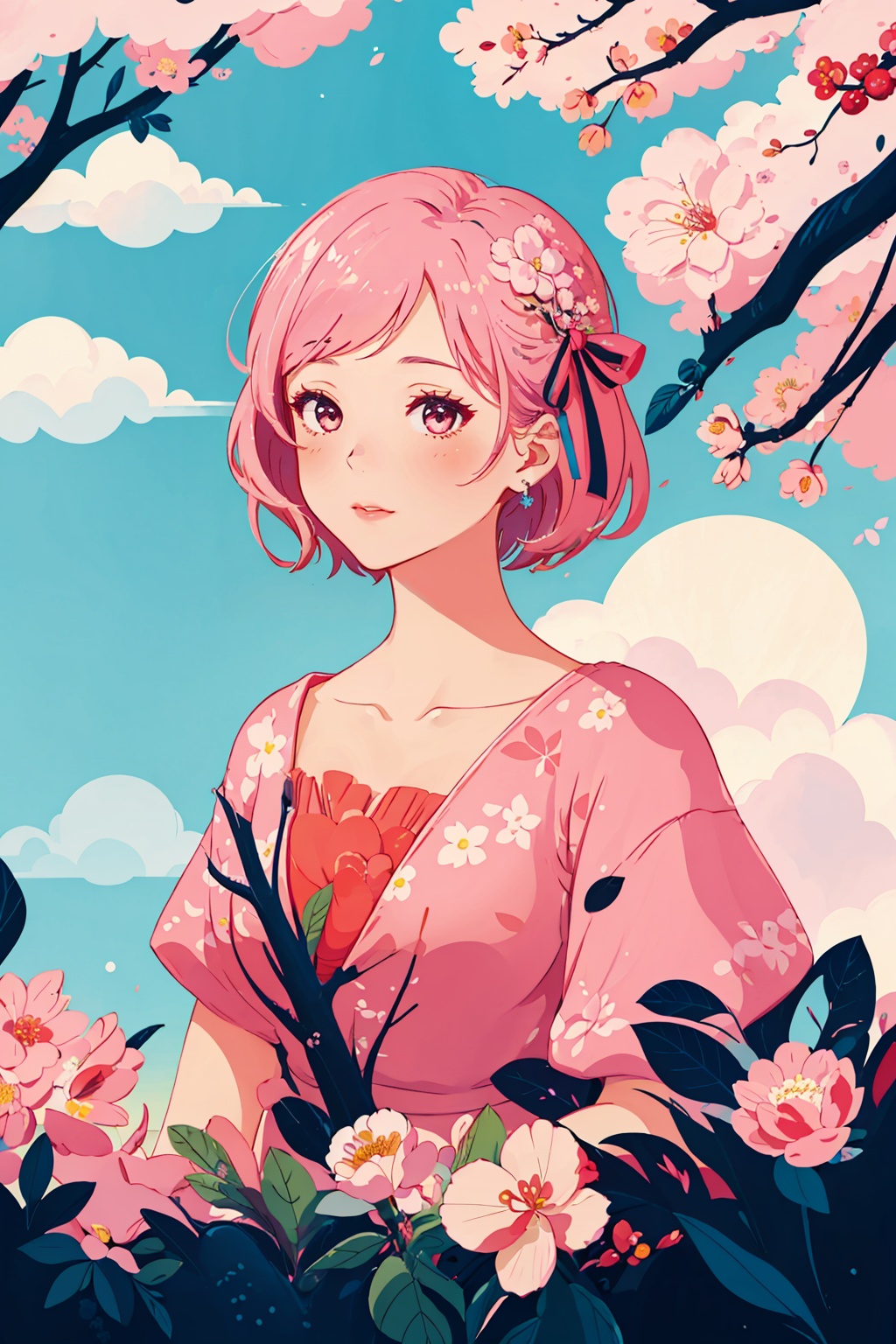 TT,flower,1girl,pink hair,pink flower,tree,ribbon,wide shot,leaf,cloud,red ribbon,gradient,cherry blossoms,gradient background,short hair,branch,