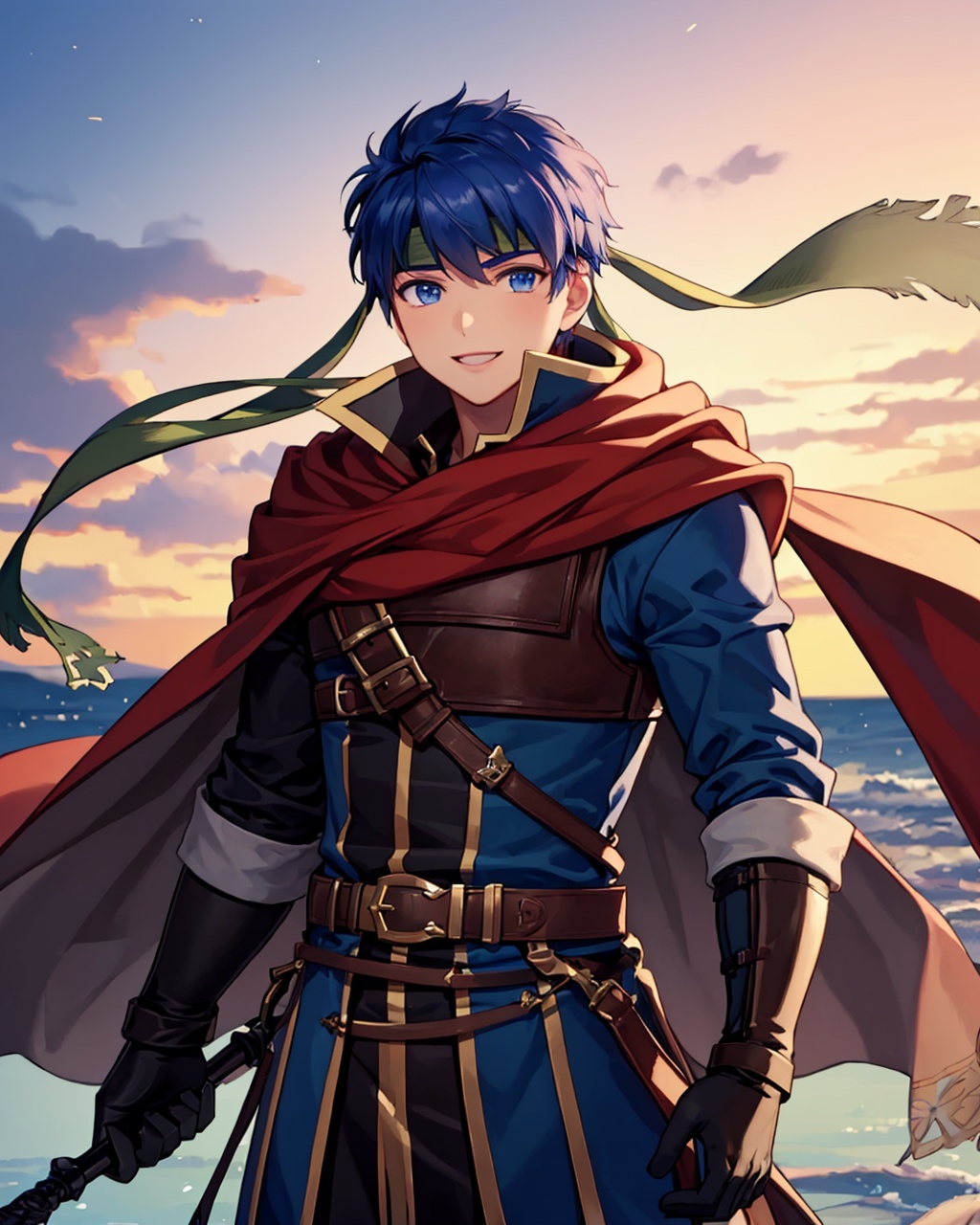 masterpiece,best quality, highly detailed, ike (fire emblem),1boy, male focus, solo, gloves, headband, smile, looking at viewer, cape,<lora:ike_(fire_emblem):1>