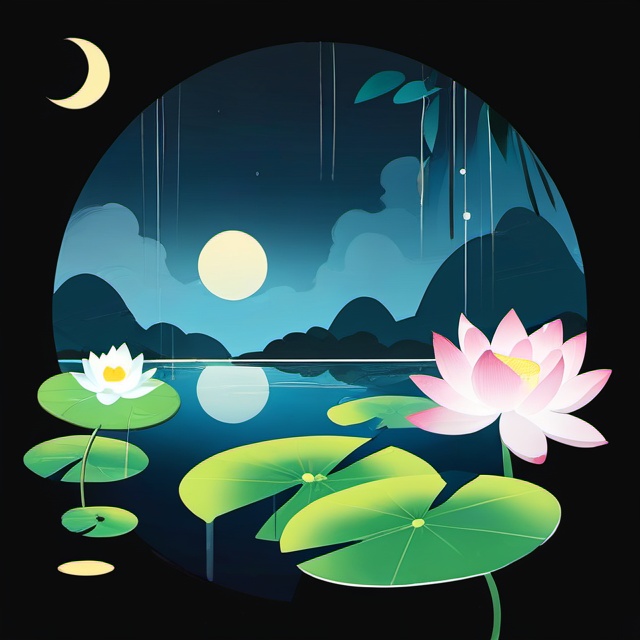 the 24 Traditional Chinese Solar Terms\(Rain Water\),flat,black background, flower, water, sweatdrop, no humans, leaf, moon, scenery, full moon, lily pad, lotus,<lora:lbc_Rain Water_XL-ts:1.2>,