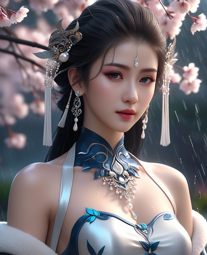 <lora:588-DA-XL-梦塔·雪谜城-白亦君:0.8>(,1girl, ,best quality, ),looking at viewer,  ,,ultra detailed 8k cg, ultra detailed background ,ultra realistic 8k cg,          cinematic lighting, cinematic bloom, (( , )),,  , unreal, science fiction,  luxury, jewelry, diamond, pearl, gem, sapphire, ruby, emerald, intricate detail, delicate pattern, charming, alluring, seductive, erotic, enchanting, hair ornament, necklace, earrings, bracelet, armlet,halo,masterpiece, (( , )),, realistic,science fiction,mole,   ,cherry blossoms,,(((Best quality, masterpiece, ultra high res, (photorealistic:1.4), raw photo, 1girl, ,rain, , sunlight, sunset, qianqiu wanxia,     )))  (cleavage), (),