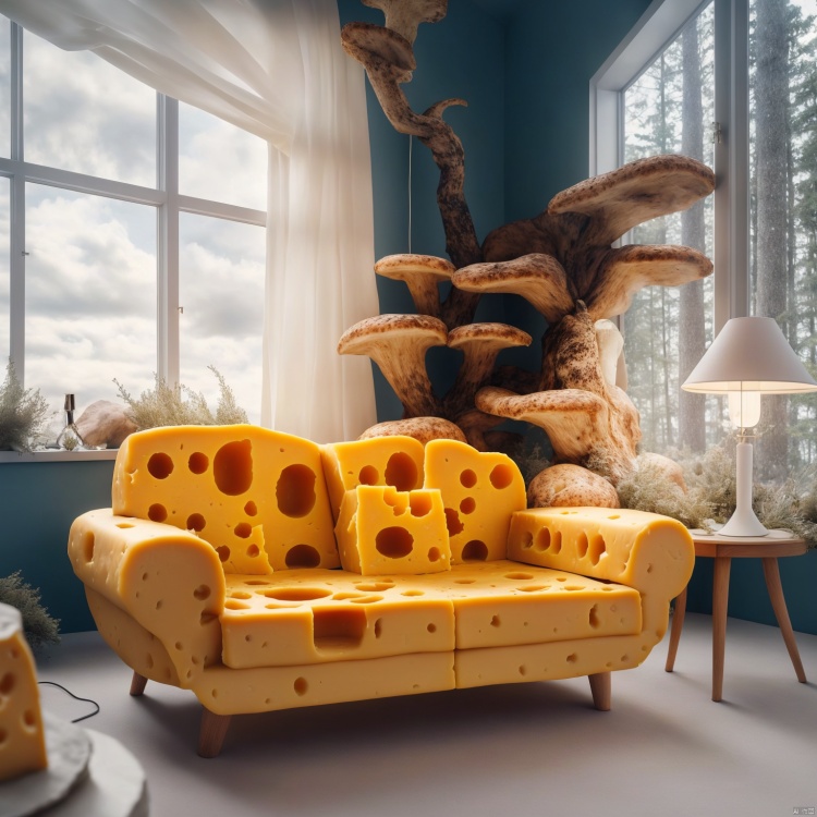 Interior design, (the room is surrounded by cheese). A sofa made of cheese. Table lamp, pine forest outside the window, light transfer, ultimate details, stripe arrangement, bright light, soft and ventilated composition style, non-traditional space, Norwegian nature, commercial photography, OC rendering, 3D, 8k<lora:EMS-333180-EMS:0.800000>