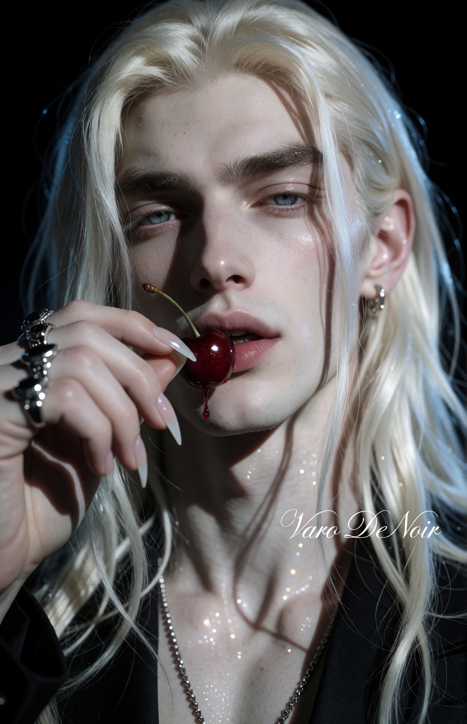 A strikingly handsome ***** man with extremely long,  flowing platinum-blonde hair and piercing blue half-lidded eyes gaze...