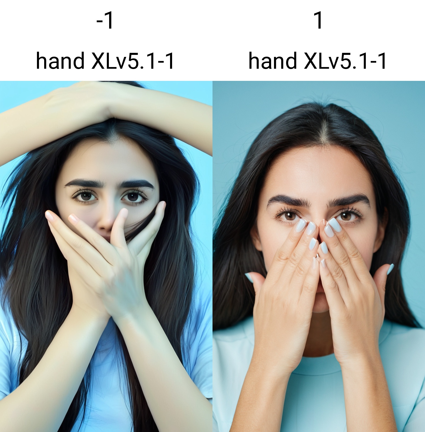 The image is a portrait of a young woman with long dark hair.    The woman is covering her face with her hands, with her fingers resting on her cheeks.    She has a serious expression on her face and is looking directly at the camera.    The background is a light blue color, making the woman the focal point of the image. , <lora:hand XLv5.1-1:-1>,