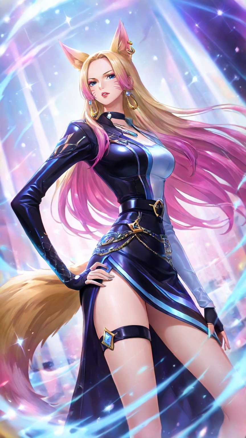 <lora:联盟女团1-000025:0.6>,lvjing,1girl,animal ears,fox ears,long hair,blonde hair,solo,k/da \(league of legends\),facial mark,hand on own hip,fox tail,tail,whisker markings,multicolored hair,official alternate costume,breasts,single fingerless glove,asymmetrical clothes,looking at viewer,pink hair,fingerless gloves,belt,parted lips,makeup,gloves,fox girl,jewelry,blue eyes,standing,long sleeves,medium breasts,thigh strap,dress,depth of field,masterpiece,best quality,very aesthetic,alternate costume,2024,2023,perfect composition,ultra-detailed,extreme aesthetic,masterpiece,best quality,good quality,newest,year 2024,year 2023,very aesthetic,absurdres,looking_at_viewer,colorful,<lora:女帝:0.6>,boa hancock one piece,boa hancock,1girl,black hair,long hair,jewelry,earrings,blue eyes,black eyes,