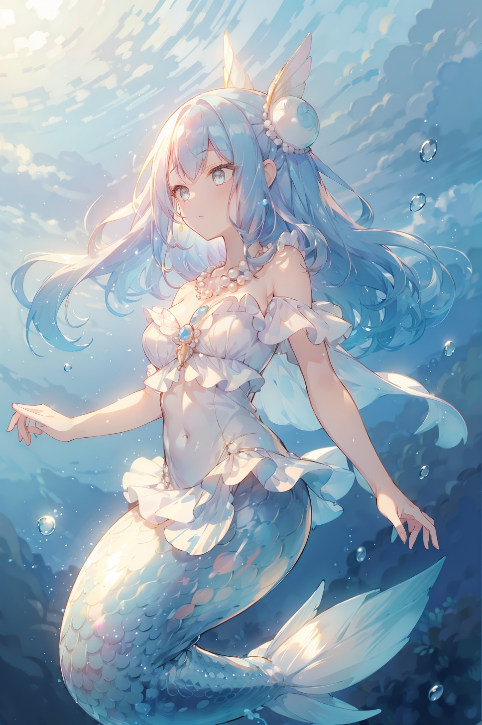 masterpiece,best quality,ultra-detailed,<lora:PDLX_阳光聚焦:1>,1girl,mermaid,(blue hair, curly hair, floating hair),shell hair ornament,pearl hair ornament,pearl necklace,underwater,, masterpiece, best quality,