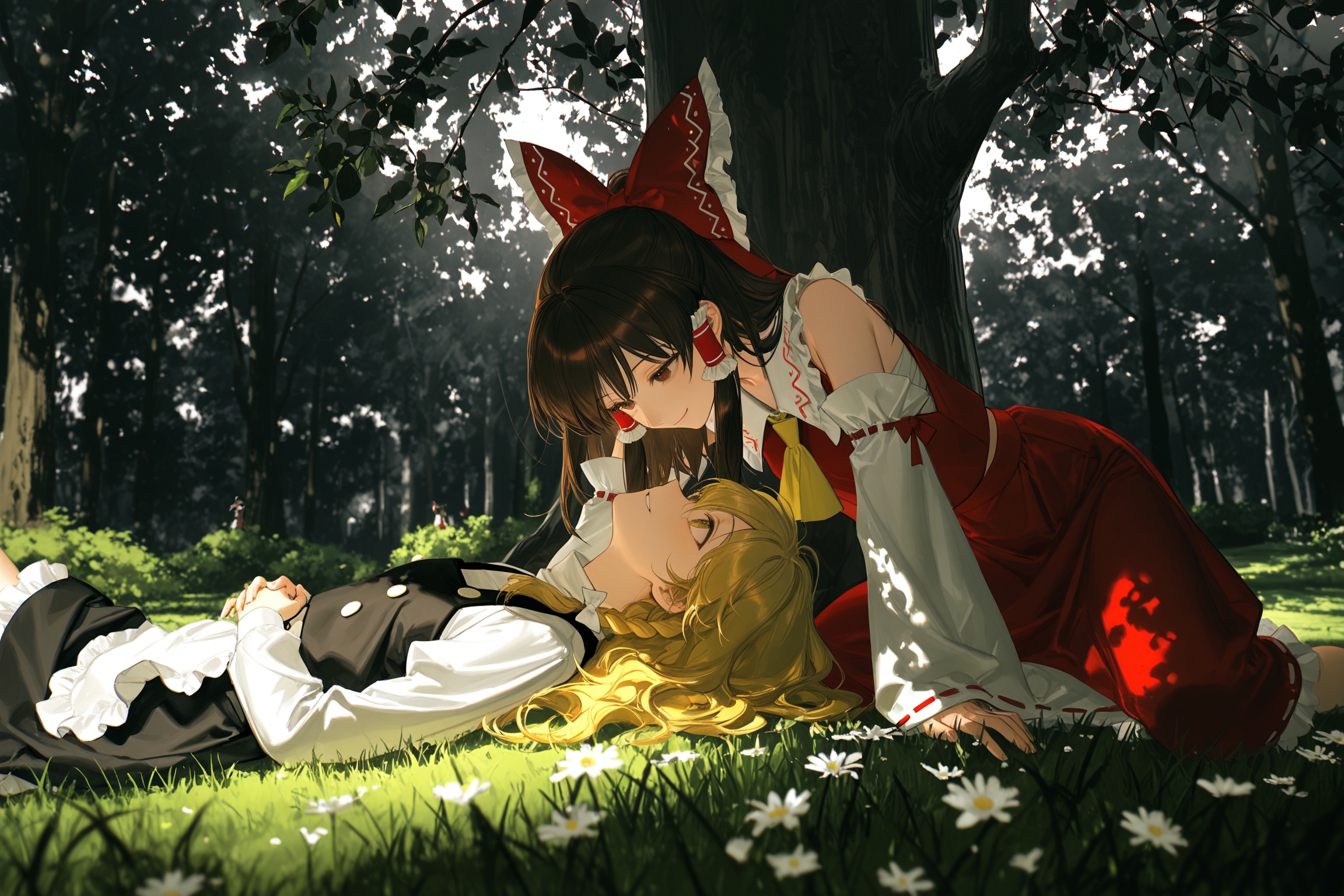 masterpiece, best quality, highres, very awa, very aesthetic, 2girls, hakurei reimu, kirisame marisa, lying, on grass, dark theme, sunlight, white flower, looking at another, smile, dappled sunlight, looking up, artist:rella, artist:rumoon, artist:frost fog, artist:emg \(christain\), blurry foreground, tree,