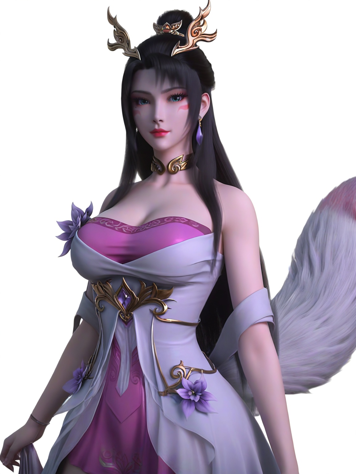 score_9,1girl,solo,dress,long hair,earrings,hair ornament,eyelashes,large breasts,standing,lipstick,facial mark,looking at viewer,fox tail,white background,simple background,cowboy_shot,<lora:SF_TianHu_Pony_Realism2.3-000004:0.7>,