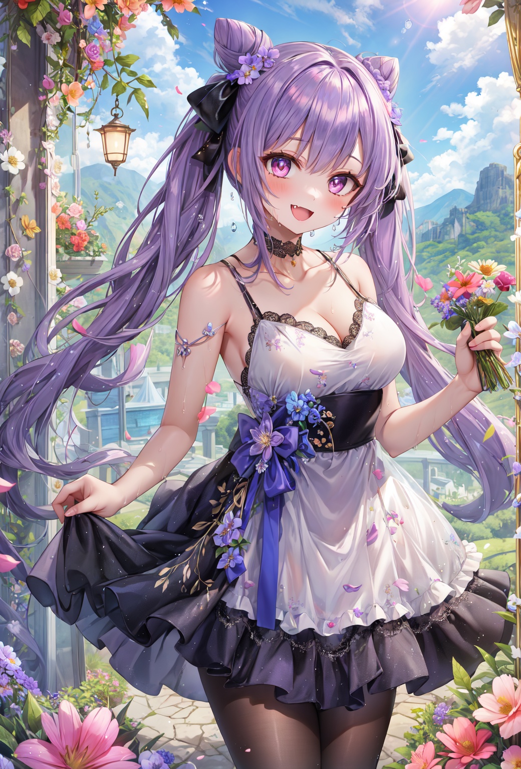 masterpiece,best quality,absurdres,1girl,beautiful detailed girl,fine and beautiful detailed skin,purple hair,twintails,purple eyes,diamond-shaped pupils,hair ornament,cone hair bun,long hair,double bun,bangs,bow,hair flower,hair bow,hair ribbon,microskirt,perky breasts,collarbone,high heels,pantyhose,extremely detailed beautiful background,CG,8K wallpaper,girl middle of flower,pure sky,clear sky,outside,(absurdly long hair:1.1),clear boundaries of the cloth,fantastic scenery,(ground of flowers:1.1),(thousand of flowers:1.1),(colorful flowers:1.1),(flowers around her:1.1),(various flowers:1.1),(bare shoulders),Movie Poster,smile,;d,fang,cleavage,water drop,see-through, wet and messy, ray tracing,reflection light,<lora:keqing_lion_optimizer_dim64_loraModel_5e-3noise_token1_4-3-2023:0.4>,<lora:连衣裙torino_aqua:0.4>,<lora:童话核心fairycore:0.2>,