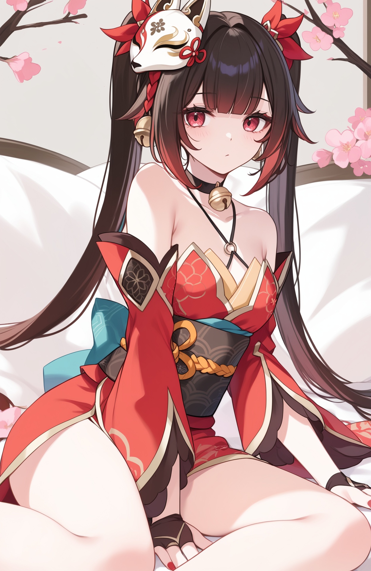 1girl,solo,looking at viewer,a girl named huahuo,huahuo,1girl,twintails,looking at viewer,fox mask,bare shoulders,mask on head,black choker,detached sleeves,obi,jingle bell,black sash,black gloves,neck bell,criss-cross halter,red nails,red dress,<lora:花火ponysnr:1>,indoors,wariza,, (score_9,score_8_up,score_7_up),(masterpiece,best quality,high quality:1.2),absurdres,