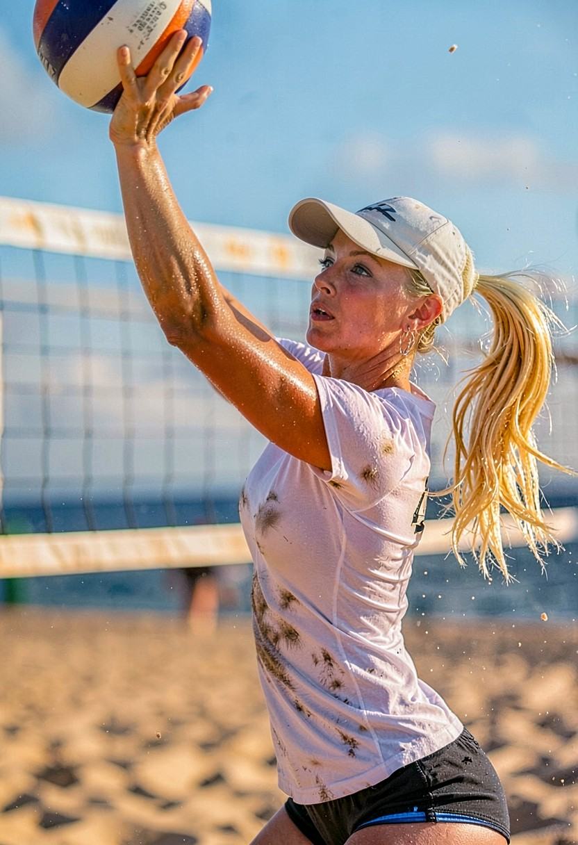 Subject: A fit blonde woman in her early 20s playing beach volleyball,  athletic physique,  lightly sun-kissed skin on Ten...