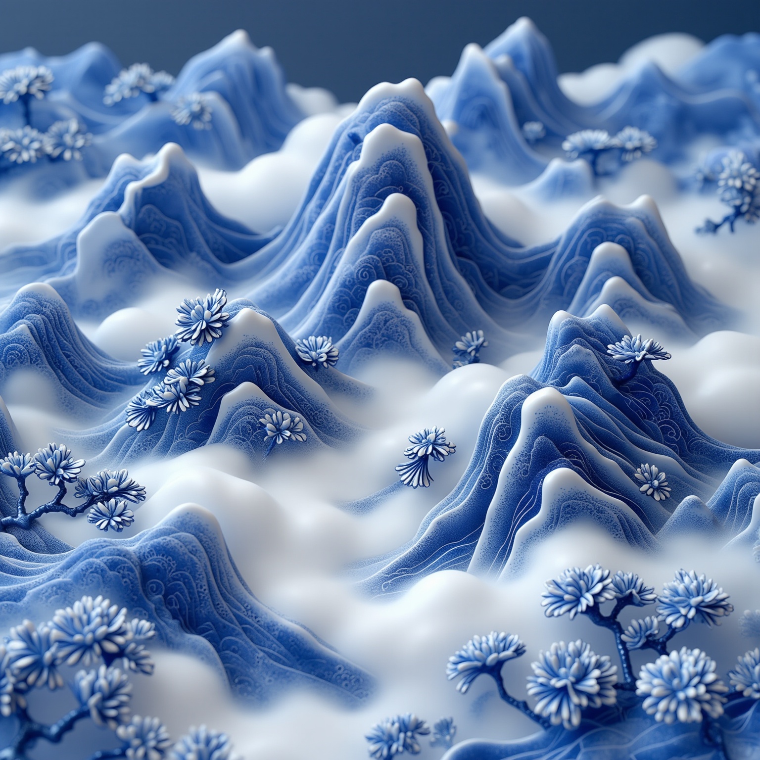 <lora:YY青花瓷F.1:1>,blue and white porcelain style,The illustration is highly detailed and realistic,with a smooth,glossy texture,a serene,mountainous landscape. The scene is dominated by a series of jagged,blue mountains,rendered in intricate detail with delicate,swirling patterns. The mountains are covered in a thin layer of white mist,giving them a dreamlike quality. In the foreground,there are clusters of small,delicate,white flowers,intricately detailed and seemingly growing on the slopes of the mountains. The background is a gradient of deep blue,transitioning to a lighter blue,with the sky and clouds in the distance. The entire scene exudes a sense of calm and tranquility,with the contrast between the rugged mountains and the delicate flowers creating a harmonious balance,