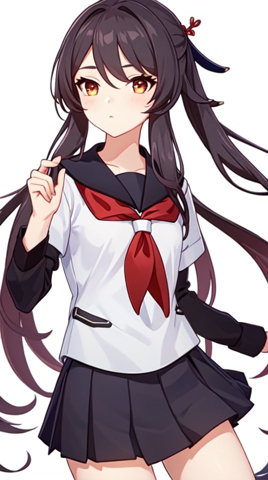 masterpiece,best quality,white background,1girl,solo,hu tao (genshin impact),twintails,(school uniform:1.6),<lora:hutao-000010:0.5>,