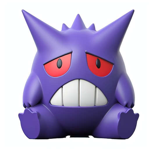 gengar,anime,front view,3d,pointed ears,red eyes,spiky hair,fat body,three fingers,three toes,purple body,no humans,red sclera,tail,pokemon (creature),solo,full body,white background,simple background,:(,frustraed blow,sad,unhappy, sitting, grin,  teeth, colored sclera, looking at viewer,arms down,,<lora:pokemon_gengar:0.8>,,,
