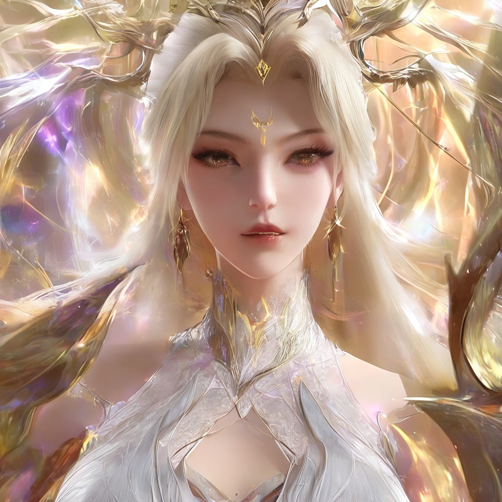 masterpiece,best quality,cinematic,(ultra-detailed),perfect composition,intricate details,absurdres,detailed face,high quality,high res,8K,1girl,solo,hair ornament,long hair,upper body,white dress,jewelry,earrings,dress,white hair,bare shoulders,looking at viewer,parted lips,realistic,teeth,blonde hair,gold long dress,barefoot,