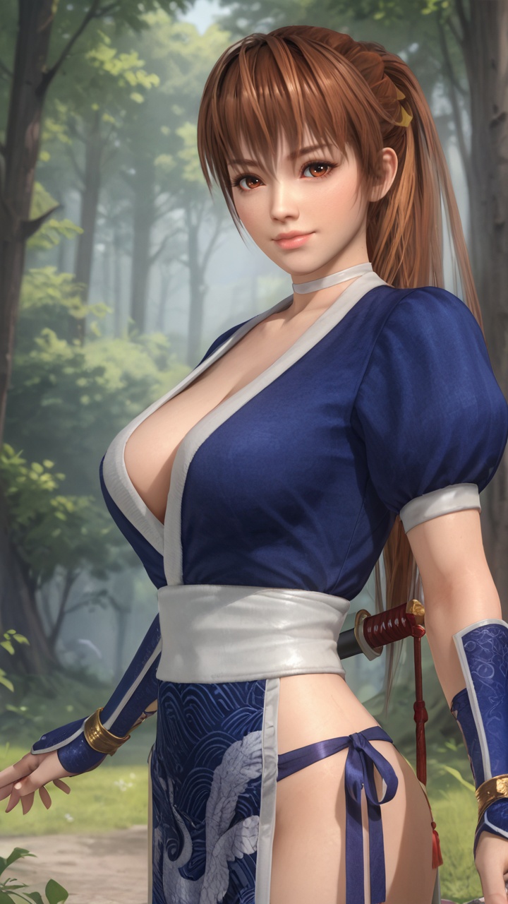 score_9, score_8_up, score_7_up, kasumidoa5lr, kasumioutfit, pelvic curtain, arm guards, choker, forest, blurry background, 1girl, solo, long hair, ponytail, breasts, large breasts, cleavage, smile, looking at viewer <lora:kasumidoa5lrPONYXL:0.7>