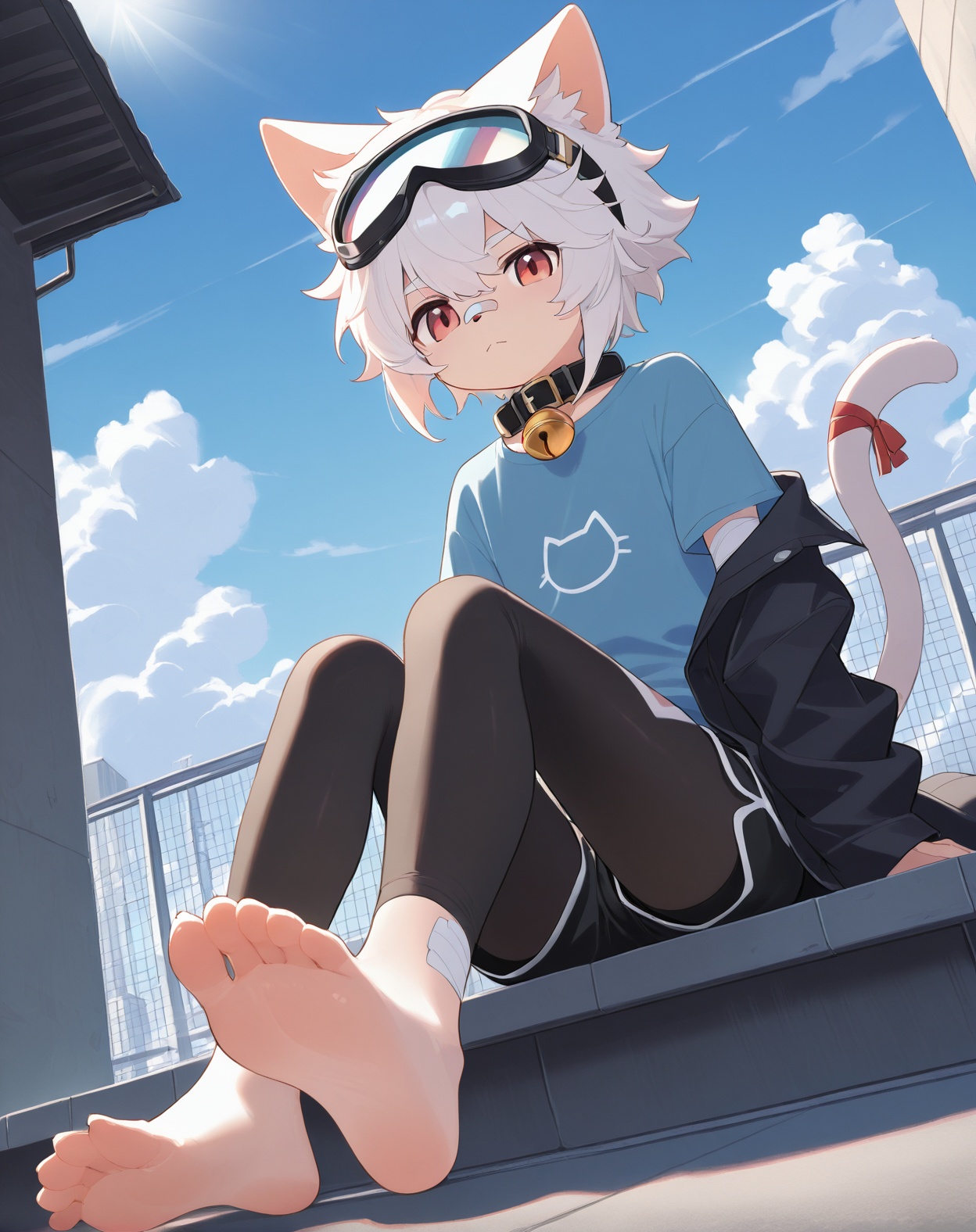 cat boy,1boy,solo,male_focus, (white_hair:0.8),red eyes,(floppy_ears,lop_cat_ears),[bell on collar,Collar,Cortical collar,Large collar], (blue t-shirt,black_leggings under shorts,black bike_shorts),(barefoot),BREAK, dutch angle,vanishing point, sitting on rooftop, (blue sky,cloud,wind), (masterpiece, best quality:1.1),foot focus,goggles on head,bandage on nose,bandage on leg,Tail decoration,cat tail,Open coat,PVC Style,bare,body fur,anthro