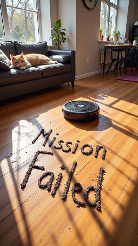 A sleek,  black Roomba is stuck in a loop at the corner of a modern living room,  spinning helplessly in circles. The poli...