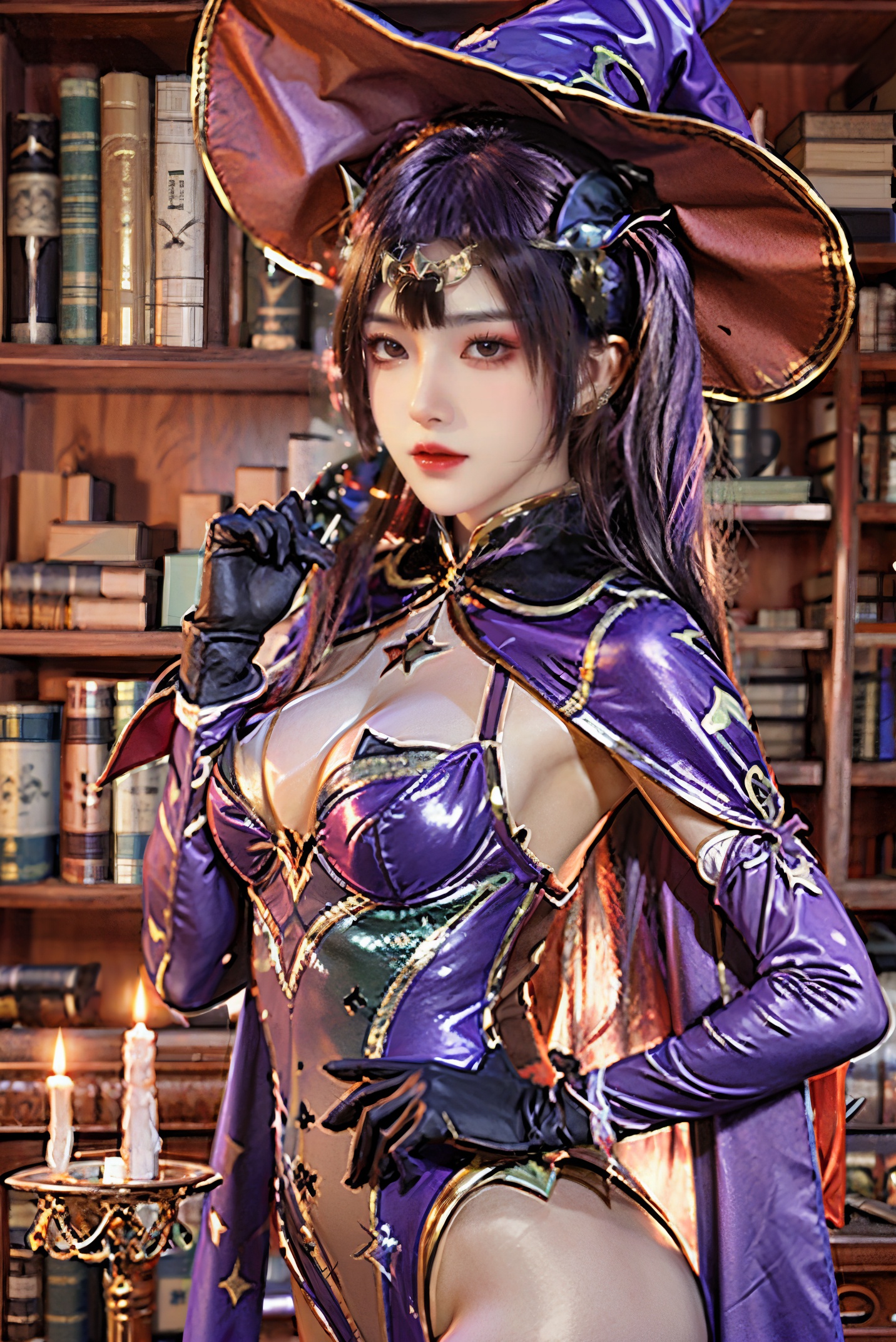 purple leotard,purple hair,black gloves,detached sleeves,Mona,1girl,solo,leotard,hat,witch hat,twintails,gloves,looking at viewer,candle,bodystocking,green eyes,<lora:add_detail:0.3>,<lora:Mona:0.7>,upper body,cape