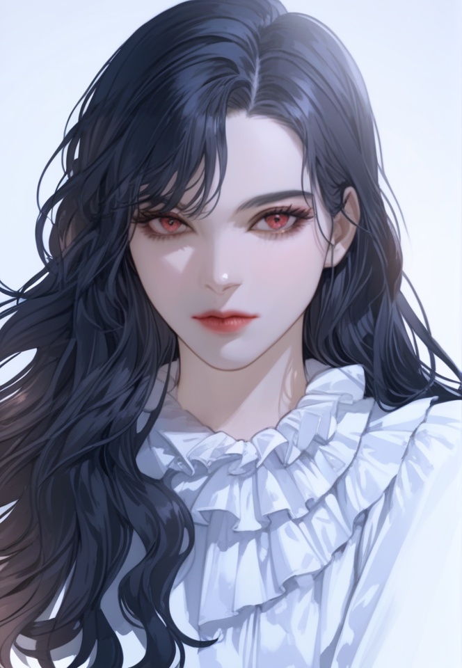 (best quality), ((masterpiece)), (highres), illustration, original, extremely detailed,  <lora:美の欲:0.7>solo, black hair, long hair, red eyes, looking at viewer, portrait, white background, closed mouth, shirt, simple background, white shirt, lips, 1girl, frills