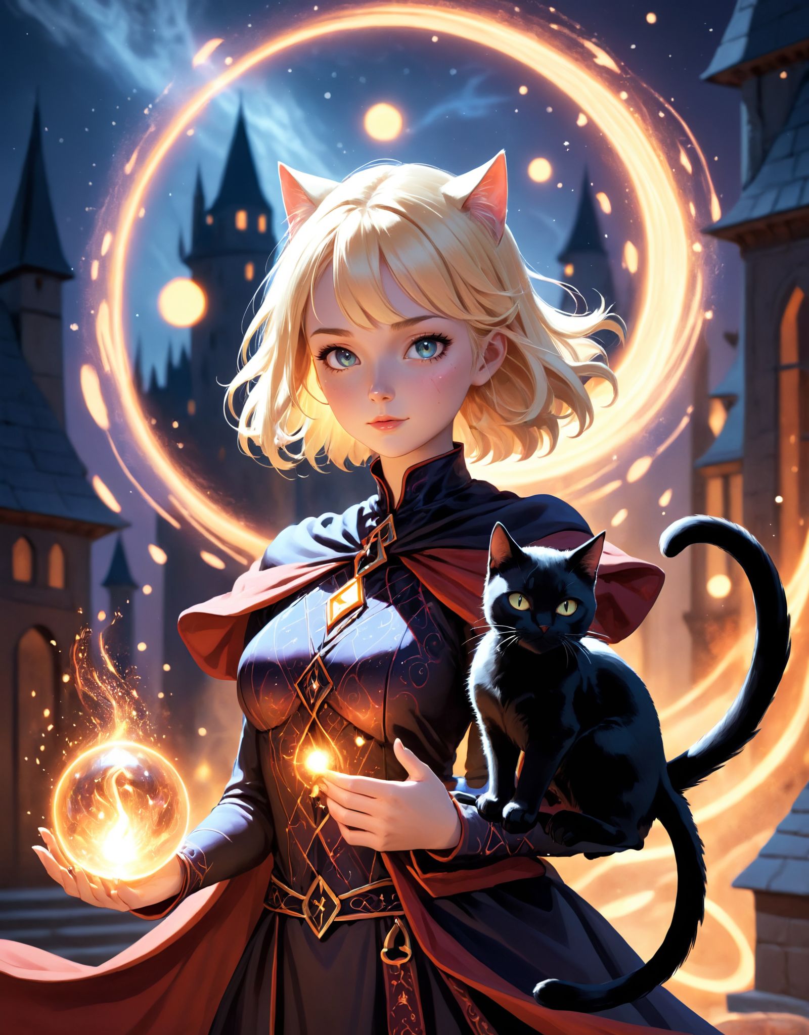 Photo of a blonde wizard girl,  illuminated by the moonlight,  with her black cat familiar on Tensor.Art