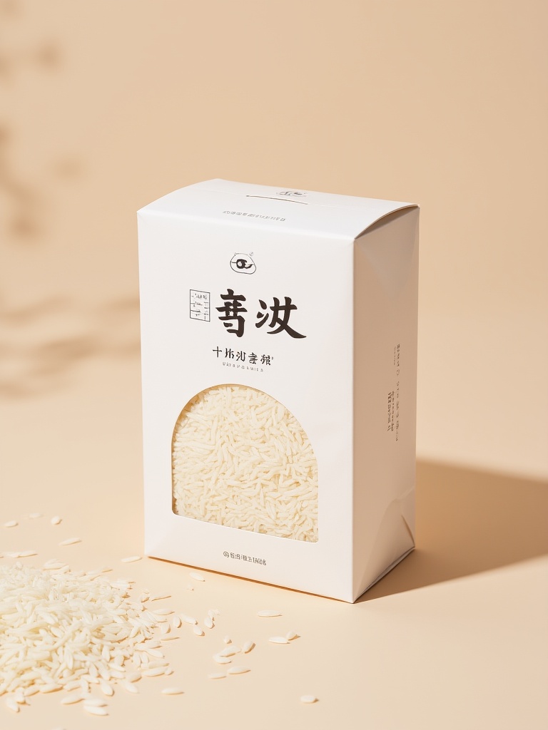 sz, a white cardboard box with black Chinese text and a logo, containing a transparent window showing uncooked white rice. The box is placed on a beige surface with scattered rice grains. The background is a neutral, soft beige, creating a minimalist and clean look. <lora:S-T-包装设计_S1.6:1>