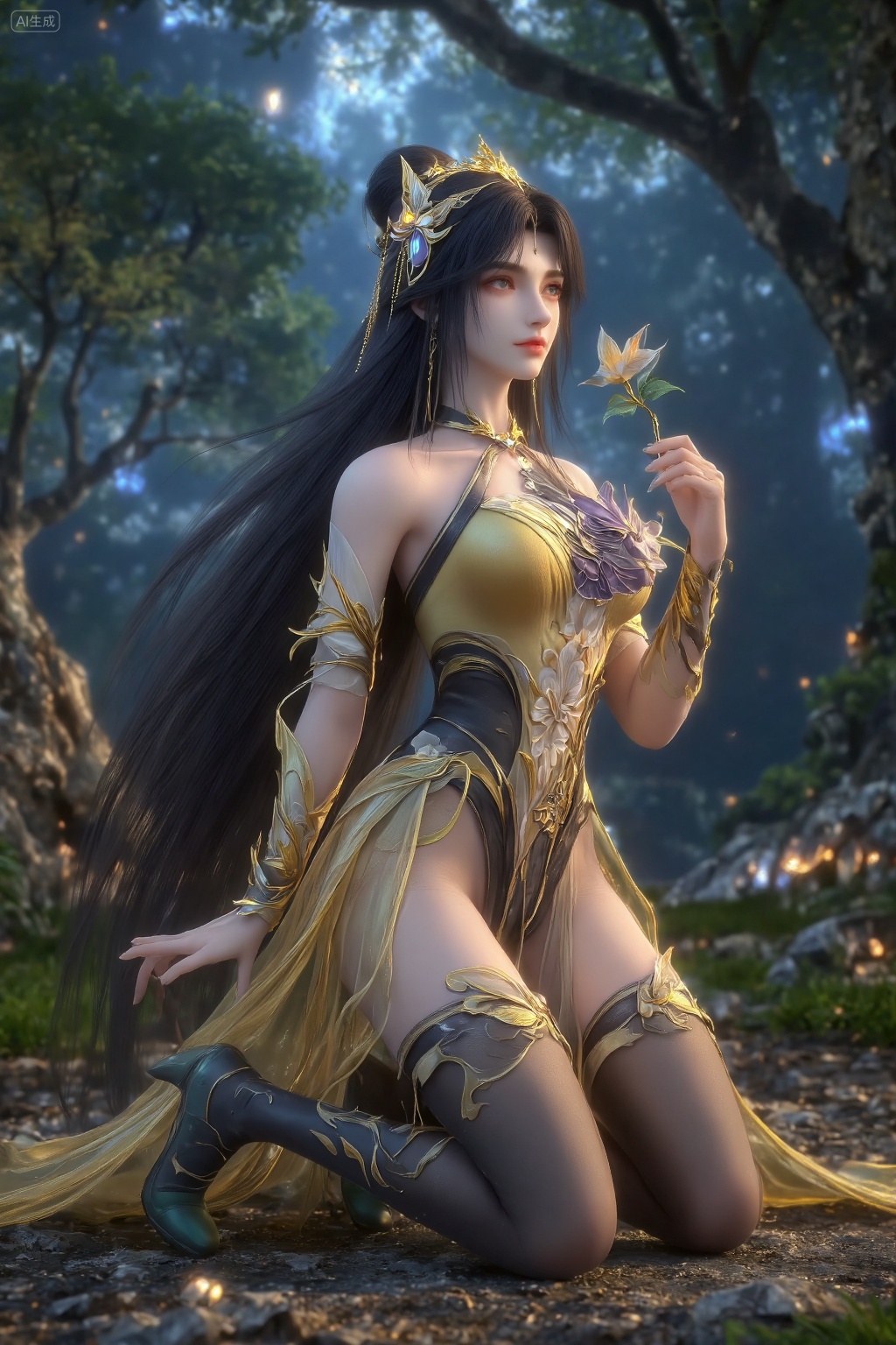 This is a highly detailed CGI rendering of a beautiful,fair-skinned woman with long,dark hair adorned with a golden crown and matching jewelry. She wears an elaborate,golden and purple floral dress,holding a similar flower. The background is a mystical forest with glowing blue light,Black stockings boots wrapped around her plump thighs,revealing a perfect and sexy curve.Wearing green high heels and with golden clothing adorning her ankles,a full-body picture,, The character is kneeling on one knee,with one hand resting on the knee and the other placed on the ground.The style is highly detailed and realistic,with a fantasy element., masterpiece,best quality,astonishing quality,ultimate aesthetics,absurd,best quality,ultimate aesthetics,masterpiece,emotional masterpiece,extraordinary above all,mastery of details,, Negative prompt: ng_deepnegative_v1_75t,(badhandv4:1.2),EasyNegative,(worst quality:2),,nsfw, Steps: 30, Sampler: DPM++ 2M, CFG scale: 3.5, Seed: 1839536484, Size: 1024x1536, Model hash: 062dad72b2, Model: 麦橘超然majicFlus_v1.safetensors, Denoising strength: 0, RNG: CPU, Lora 1: 20250820-1755705975731-0010, Lora Hash 1: cf2836352b, Lora Weight 1: 1.0, Lora 2: 《金芒逸凤》唯美古风主题风格化lora|摄影|海报设计, Lora Hash 2: 779d600c15, Lora Weight 2: 0.75, vae_name: automatic