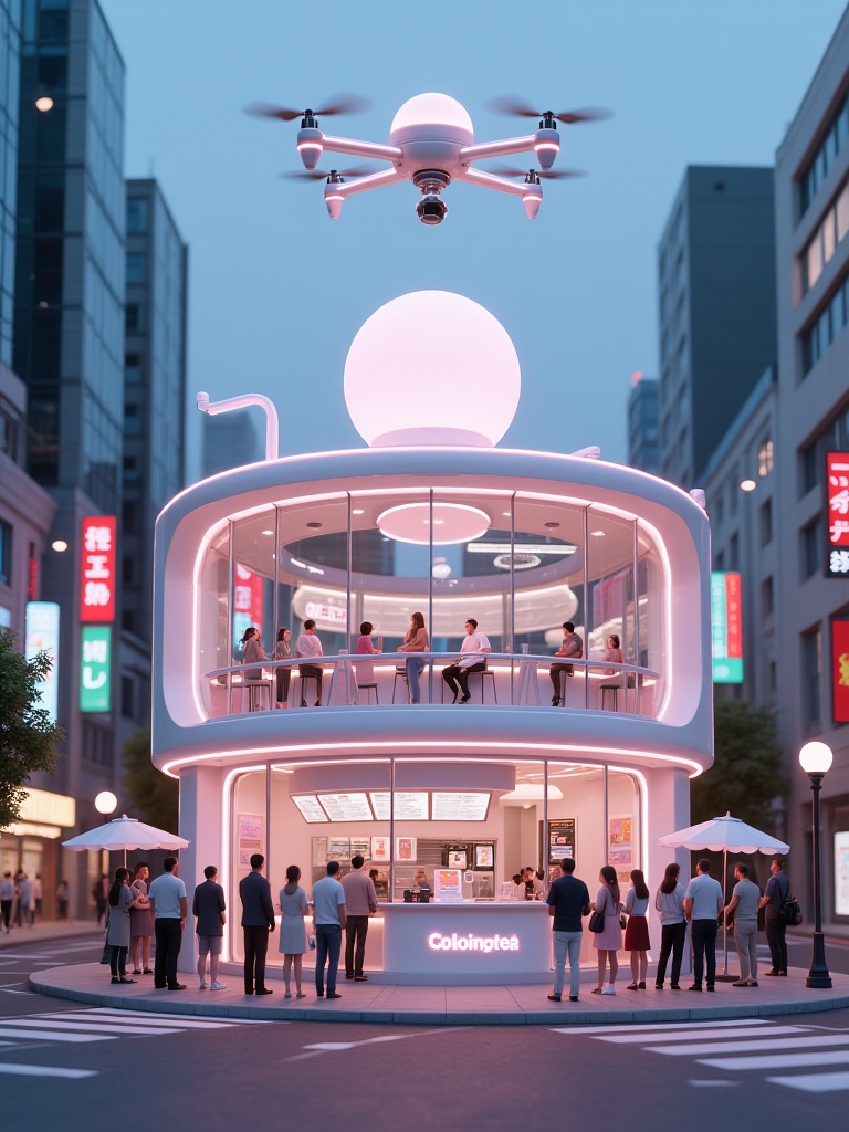 mlmnjd,A CGI rendering of a futuristic bubble tea kiosk with curved glass walls and a glowing orb on top. It is situated at a busy street corner at dusk, surrounded by neon signs, tall buildings, and people lining up. A delivery drone hovers overhead.<lora:迷你街道-L1.04:0.8>