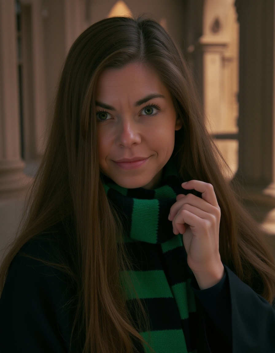 a portrait picture of a female hogwarts student with long straight brown hair dressed in slytherin robes and striped scarf...