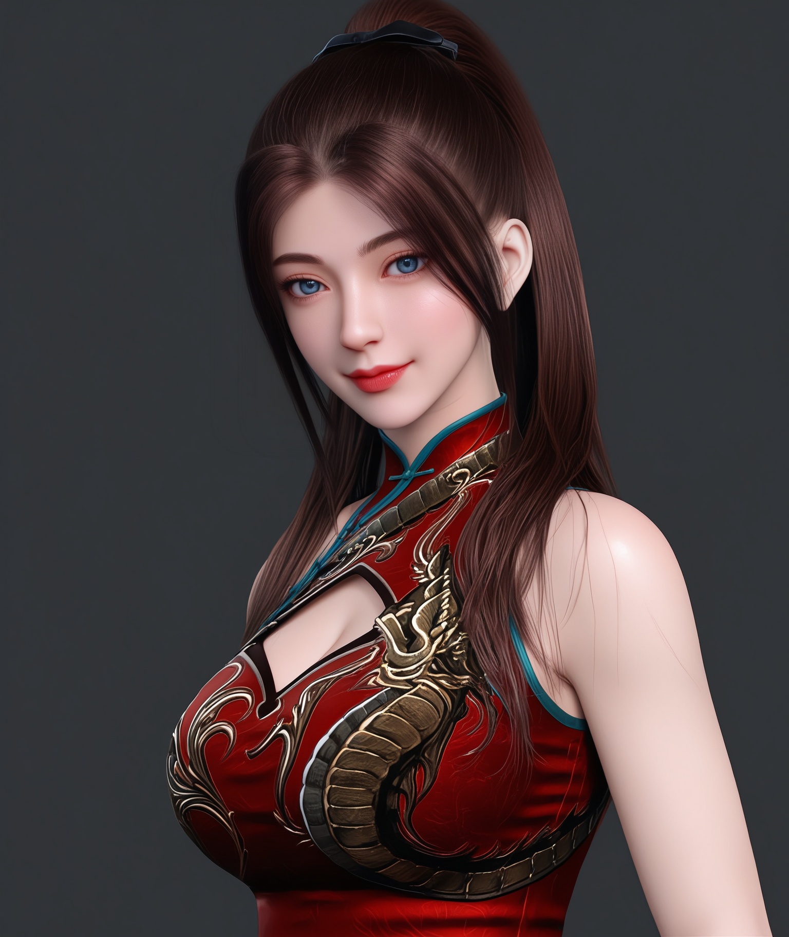 (score_9),masterpiece,best quality,absurdres,highres,upper body,(white_skin),(Ivory_skin),light_skin,BREAK1girl,solo,<lora:唐紫尘-ill-000009:0.82>,htzc,igh ponytail,long hair,brown hair,blue eyes,light smile,(looking at viewer),(front view),light blush,bare shoulders,clothing cutout,cleavage cutout,bracelet,china dress,(red_china dress),thigh strap,short shorts,(large teardrop breasts),(large breasts),BREAK(Cinematic Lighting:1.1),simple background,black background,