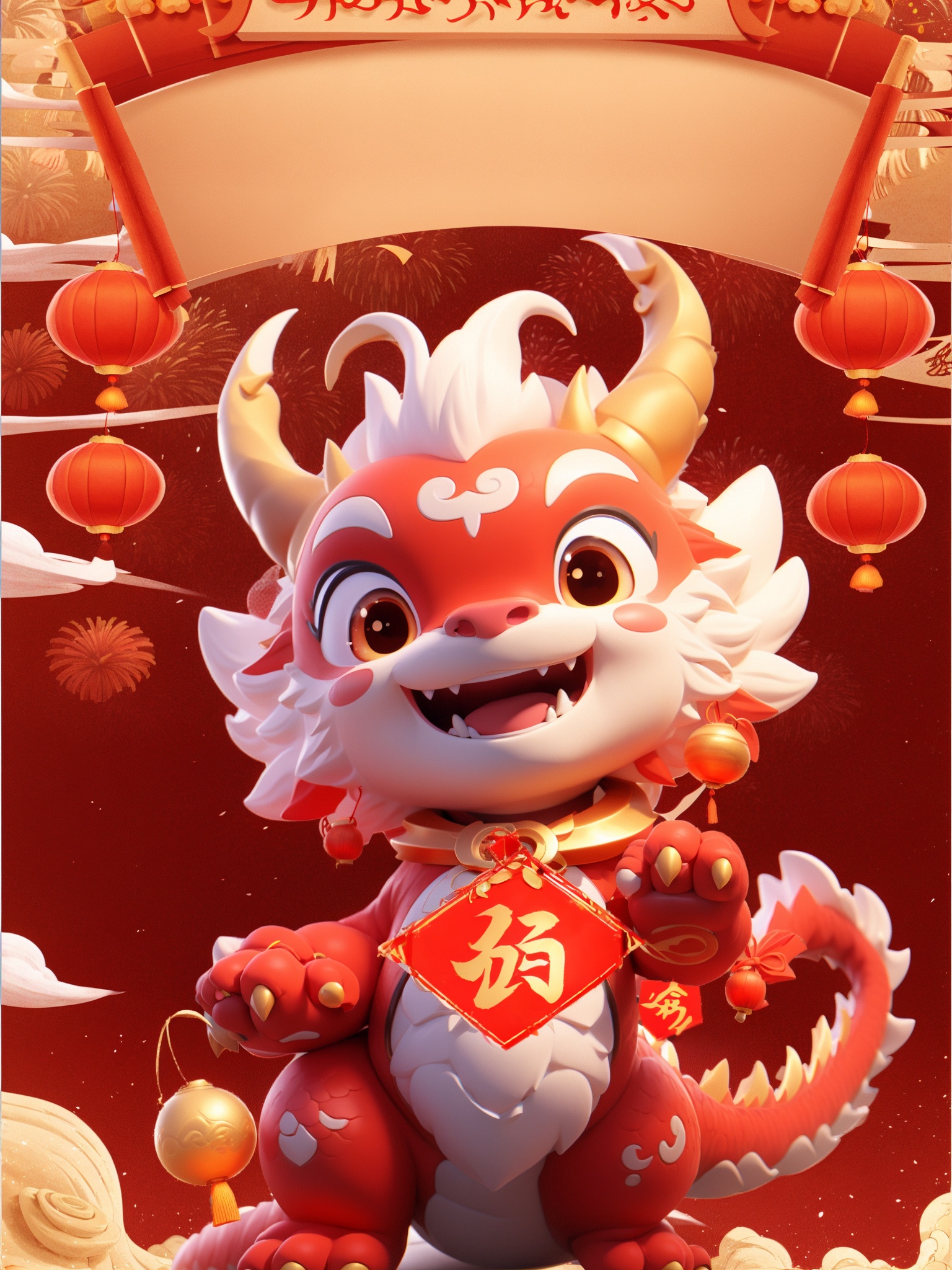 chinese new year,couplets, holding couplets,HTTP, fangs, solo, paper lantern, dragon, horns, open mouth, chinese new year, no humans, lantern, looking at viewer, smile, eastern dragon, claws, dragon horns, fireworks, banner, golden treasure<lora:HTTP_20231228190428-000006:1>