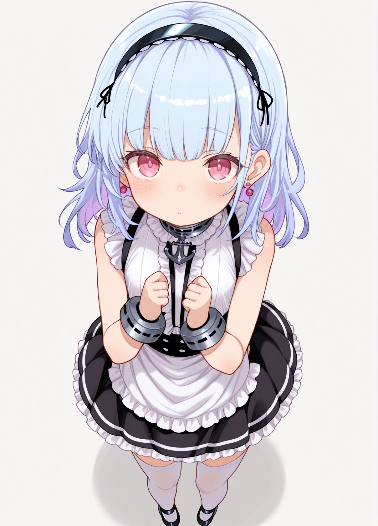 <lora:dido_IL_v1.0:1>,dido \(azur lane\),maid,earrings,white thighhighs,aged down,from above,looking at viewer,(puddinghomhom:0.7),, masterpiece,best quality,