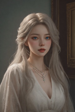 oil painting of a woman for oia stunning, promo by Tony\(dongli\), detailed painting inspired by Charlie Bowater, blooming exquisite necklace, 4 k detailed fantasy, white silver painting, dreamland