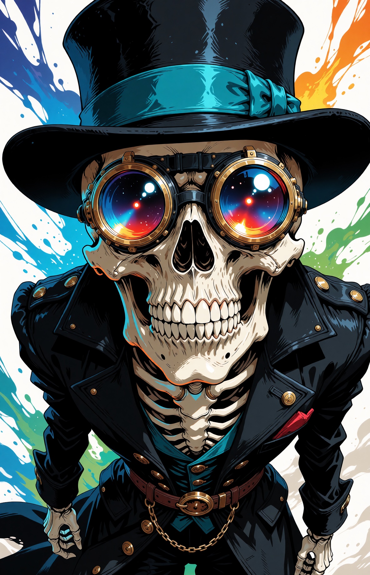 A colorful steampunk fantasy illustration of a human skeleton viewed from a low angle as it looks down toward the viewer....