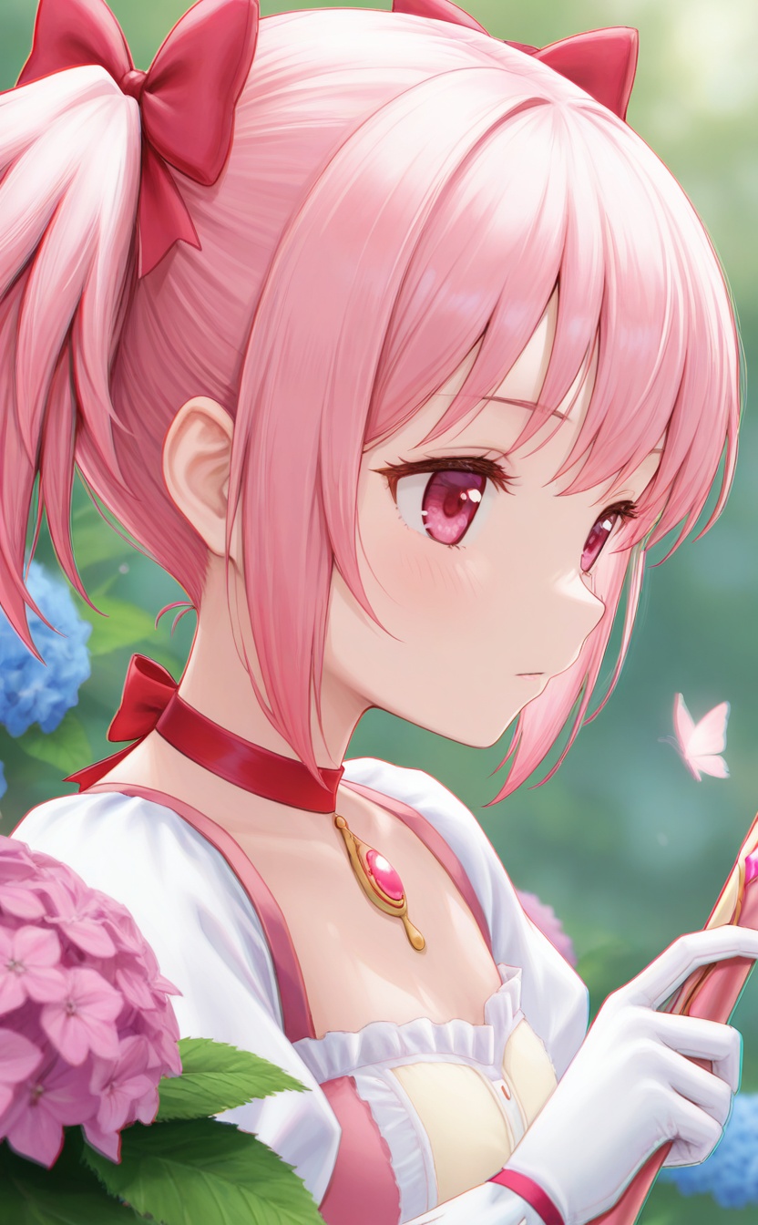 <lora:xiaoyuan:0.8>,<lora:guizhencao-style:0.2>,masterpiece,absurdres,best quality,high quality,chromatic_aberration,//,bug,portrait,blurry,plant,pink flower,blurry background,hydrangea,leaf,blurry foreground,xiaoyuan,1girl,solo,magical girl,pink eyes,pink hair,short hair,short twintails,twintails,choker,hair bow,bow,gloves,ribbon,weapon,white gloves,