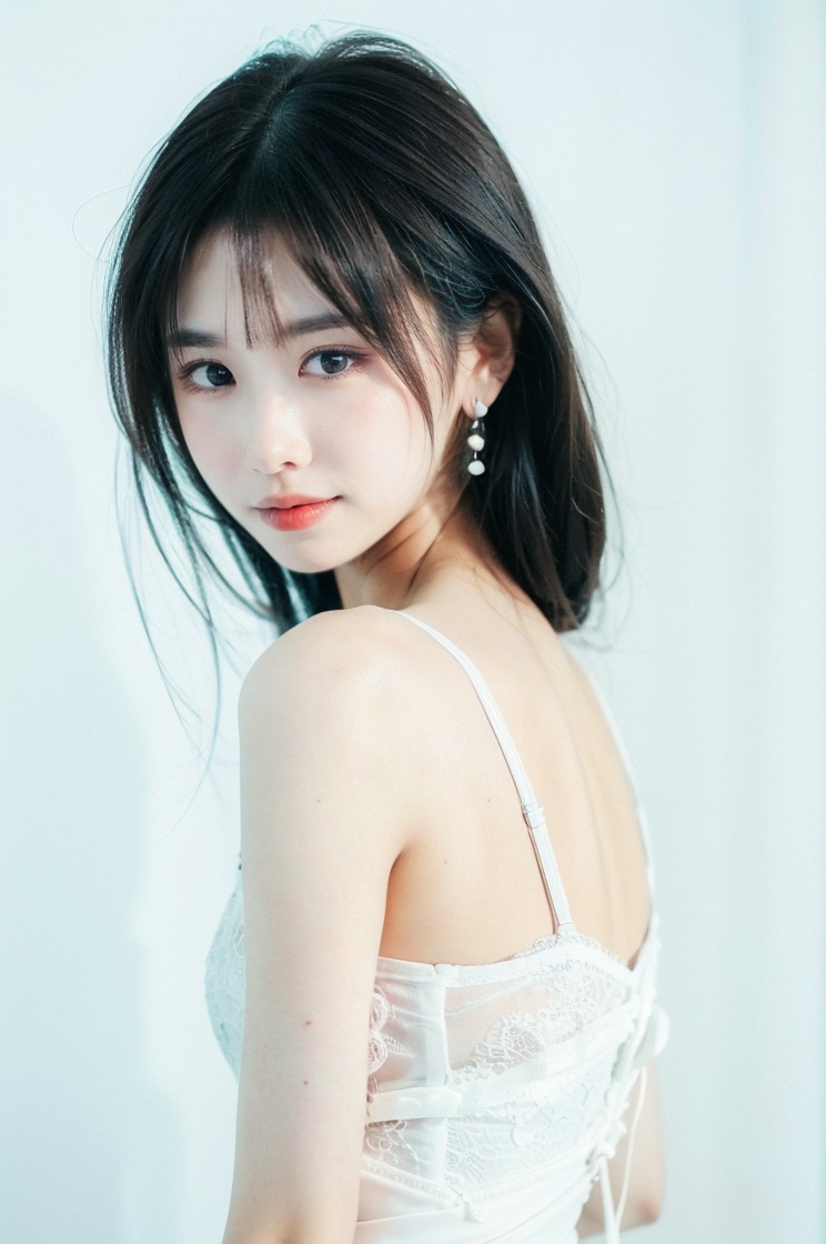 best quality,masterpiece,ultra high res,A captivating portrait of a young woman with striking features. A girl with long, raven-black hair cascading down her back gazes directly at the viewer with an alluring smile. Her closed lips and piercing black eyes draw attention to her flawless complexion. Against a subtle white and gradient background, she stands out in a simple yet elegant setting, adorned with delicate jewelry and earrings that add a touch of sophistication., <lora:13guojiang_lora:1>