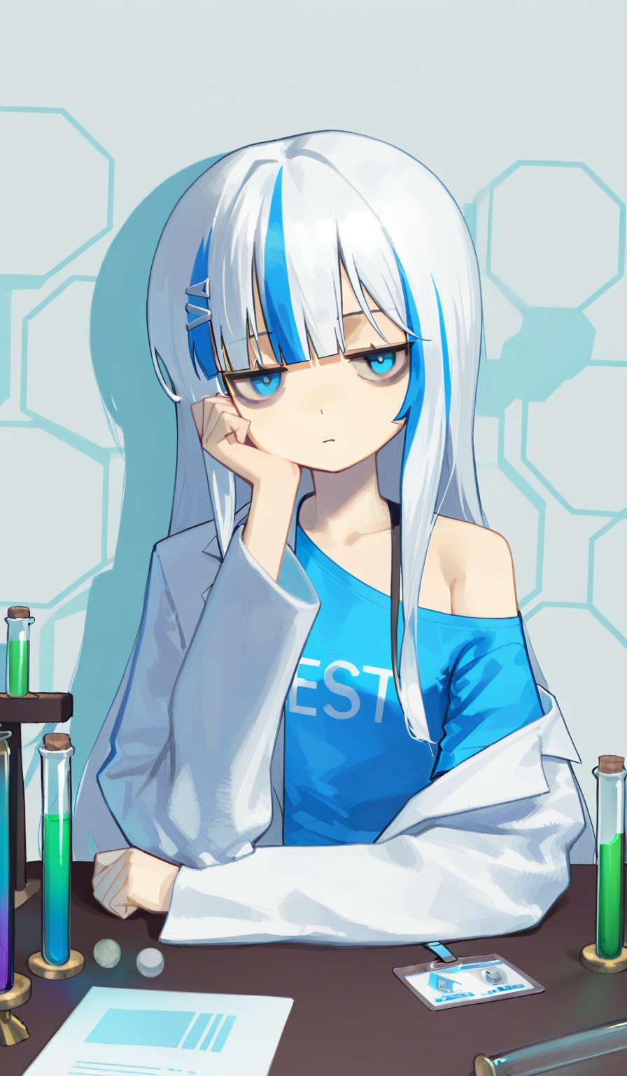 <lora:YoonYorry-Style:1.2>,upper body,1girl,solo,blue eyes,white hair,long hair,blunt bangs,(bags under eyes),blue streaked hair,blue t-shirt,long sleeves,hairclip,single bare shoulder,lab coat,id card,test tube,upper body,looking at viewer,(jitome:1.2),simple background,drop shadow,hexagon,desk,