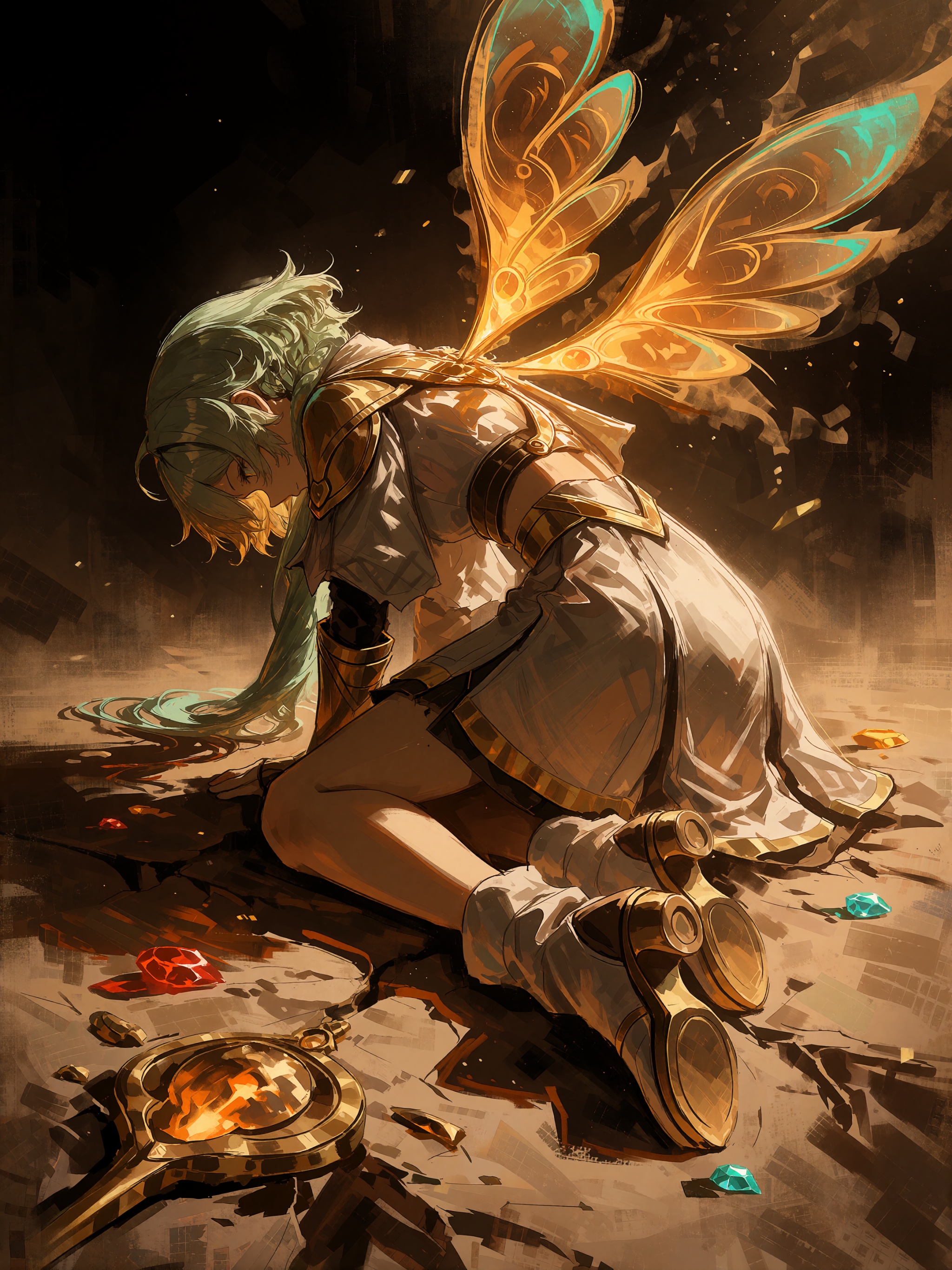 anime woman with greenish-blue hair hunched over in a desolate pose,  wearing tattered light-colored robes with metallic s...