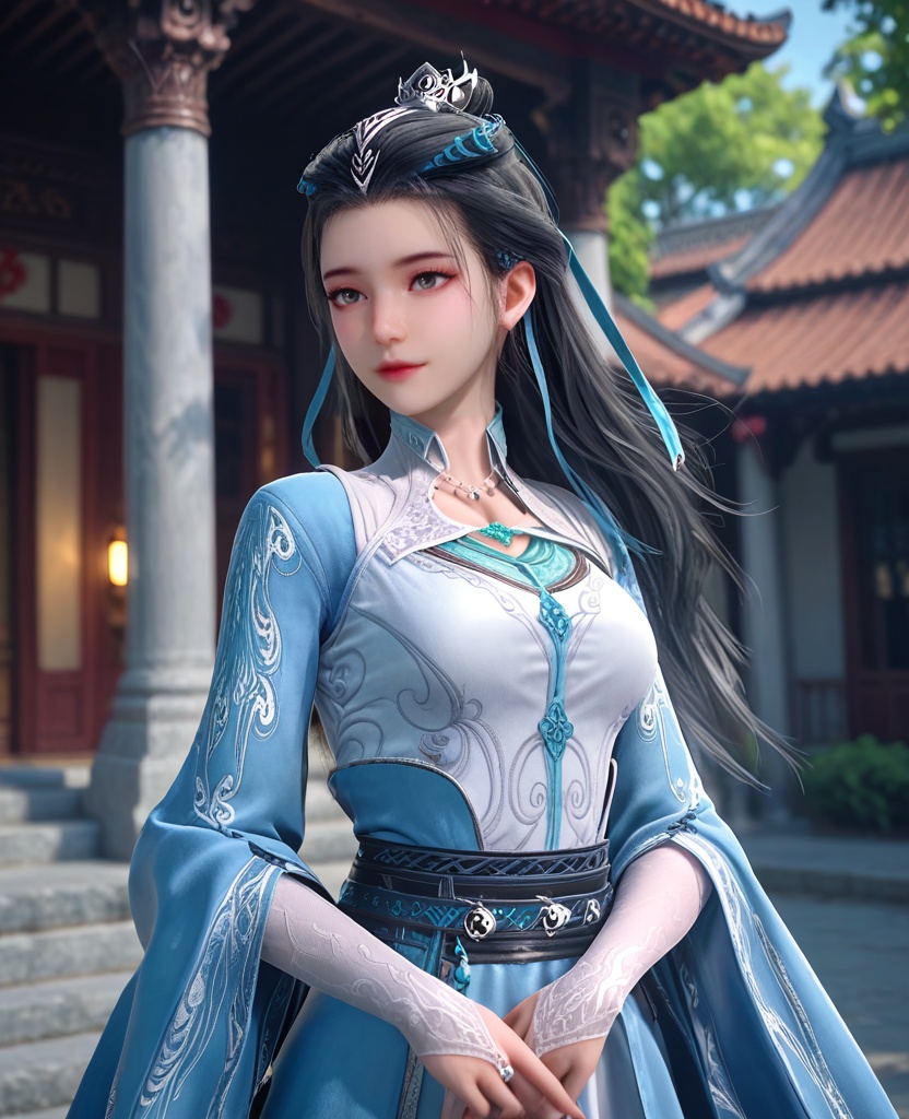 (oriental architecture, elegant decor, sophisticated style:1.1),(wariza:1.1),(breasts:1.2),<lora:XL师兄啊皖江雨:0.95>,miss wanjiangyu,blue paired with white dress,black hair,long hair,hair bun,hair ornament,jewelry,necklace,black sash,opera length gloves,ribbon,grey eyes,, score_9,score_8_up,score_7_up,score_6_up,score_5_up,score_4_up,3d rendering,tag1,tag2, Cinematic Lighting,backlighting,