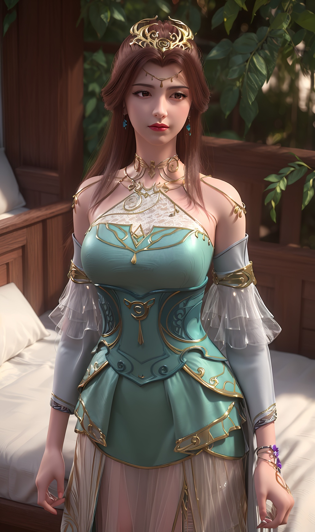 3D,masterpiece,(best quality),(makeup),official art, extremely detailed cg 8k wallpaper,((crystalstexture skin)), (extremely delicate and beautiful),(highly detailed),(face),(headgear),(tassel),(1girl), (solo), (jewelry), (earrings),(brown_hair),(long_hair),(hair_ornament),(handwear),(breasts),(standing),,(detached_sleeves),(bare_shoulders),,((upper_body)),(dress),(multicolored_clothes),(multicolored_dress),(closed_mouth),(traditional_clothes),(long_dress),(long_skirt),(gold_trim),(shorts),(shiny_clothes),(sunshine, outdoor,bed),((looking_at_viewer)),((Facing the camera)), (long_legs),, <lora:hipoly3DModelLora_v10:0.3>