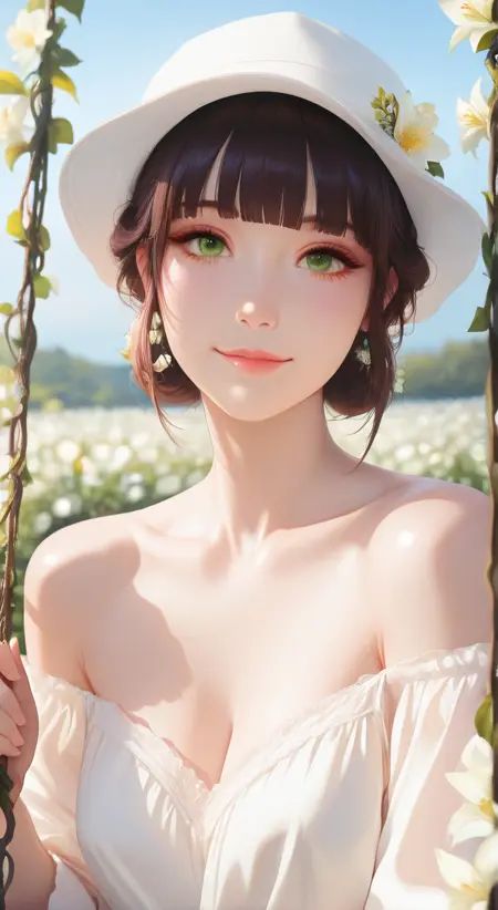 masterpiece,best quality,ultra-detailed,very aesthetic,depth of field,best lighting,detailed illustration,detailed background,beautiful face,beautiful eyes,soft lighting,bloom effect,detailed background,cute girl,smooth shading,glossy surfaces,subtle lighting,luster,high contrast,shiny skin,1girl,solo,blunt bangs,colors eyelashes,outdoors,frilly dresses,face focus,light smile,white hat,bird,swing,outside,looking at viewer,smile,alluring,flower branch,vine,lily flower,silhoutte,green eyes,flower luminescent,collarbone,[(by alphonse_\(white_datura\):1.3)|(by kana616:0.8)],[(by hen-tie:1.3)|(by kagami_\(galgamesion\):1.2)],(by kinokohime:1.2),(by yatsuha_\(hachiyoh\):0.8),beautiful detailed eyes,highly detailed skin,extremely delicate and beautiful girls,best quality,masterpiece,illustration,an extremely delicate and beautiful,extremely detailed,CG,unity,8k wallpaper,Amazing,finely detail,masterpiece,best quality,official art,extremely detailed CG unity 8k wallpaper,absurdres,incredibly absurdres,huge filesize,ultra-detailed,highres,extremely detailed,beautiful detailed girl,extremely detailed eyes and face,beautiful detailed eyes,, beautiful detailed eyes,highly detailed skin,extremely delicate and beautiful girls, (8k, best quality, masterpiece:1.2),(best quality:1.0), (ultra highres:1.0) ,absurdres,incredibly absurdres,huge filesize,ultra-detailed,highres,masterpiece,, best quality , masterpiece, illustration, an extremely delicate and beautiful, extremely detailed ,CG,unity,8k wallpaper, Amazing, finely detail, masterpiece, best quality,official art,extremely detailed CG unity 8k wallpaper,absurdres, incredibly absurdres, huge filesize , ultra-detailed, highres, extremely detailed,beautiful detailed girl, extremely detailed eyes and face, beautiful detailed eyes,