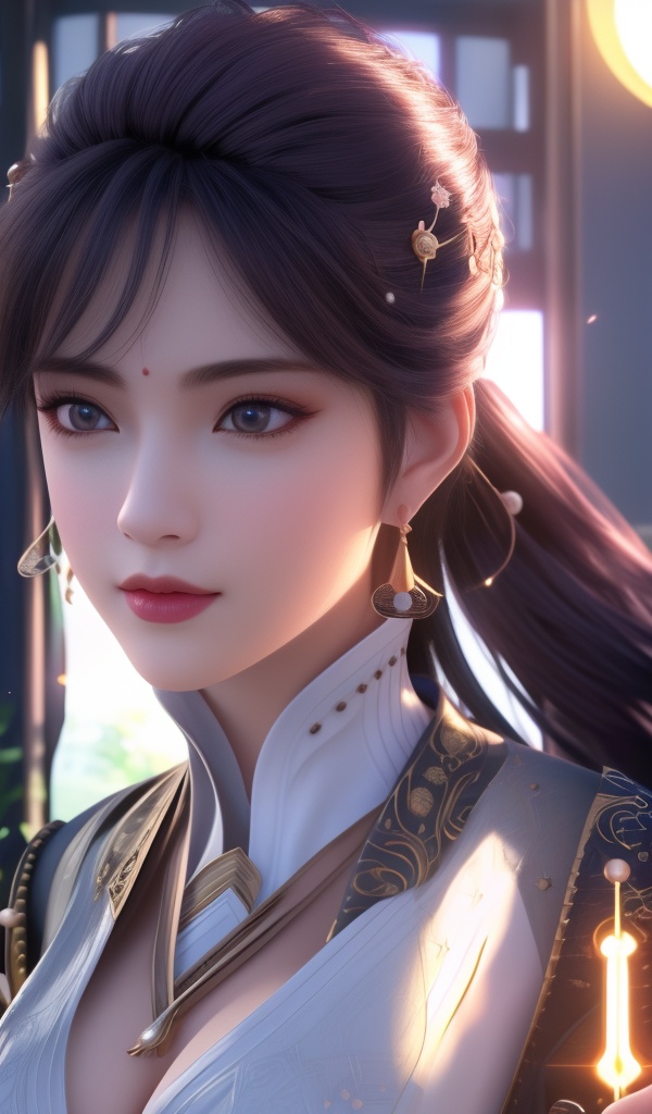 <lora:754-DA-眷思量-须灵犀-V2:0.8>, (,1girl, ,best quality, ),looking at viewer,  ,,ultra detailed background,ultra detailed background,ultra realistic 8k cg, ,masterpiece, (( , )),, realistic,science fiction,mole, ultra realistic 8k cg, ,     ,crescent moon, jasmine \(flower\),     (cleavage),,  (),