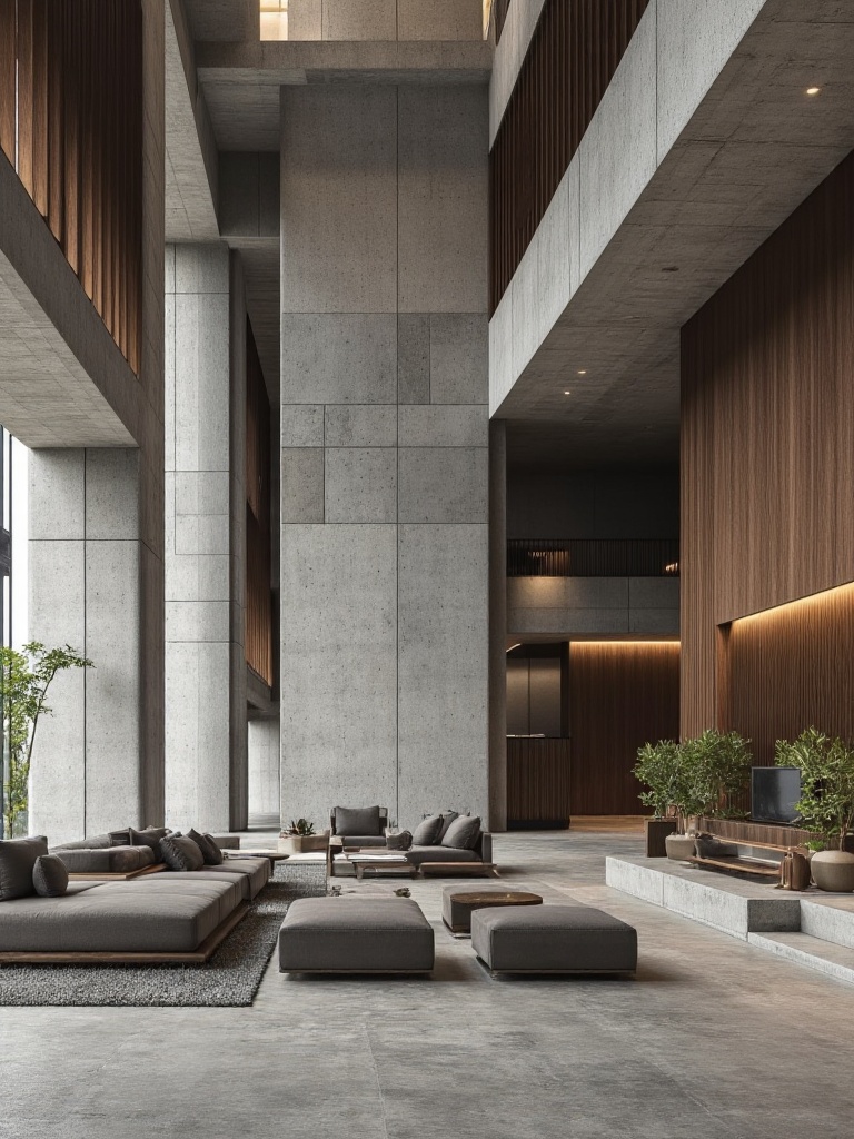 A Brutalist hotel featuring a dramatic concrete facade with deep-set windows and balconies creating a rhythm of light and...