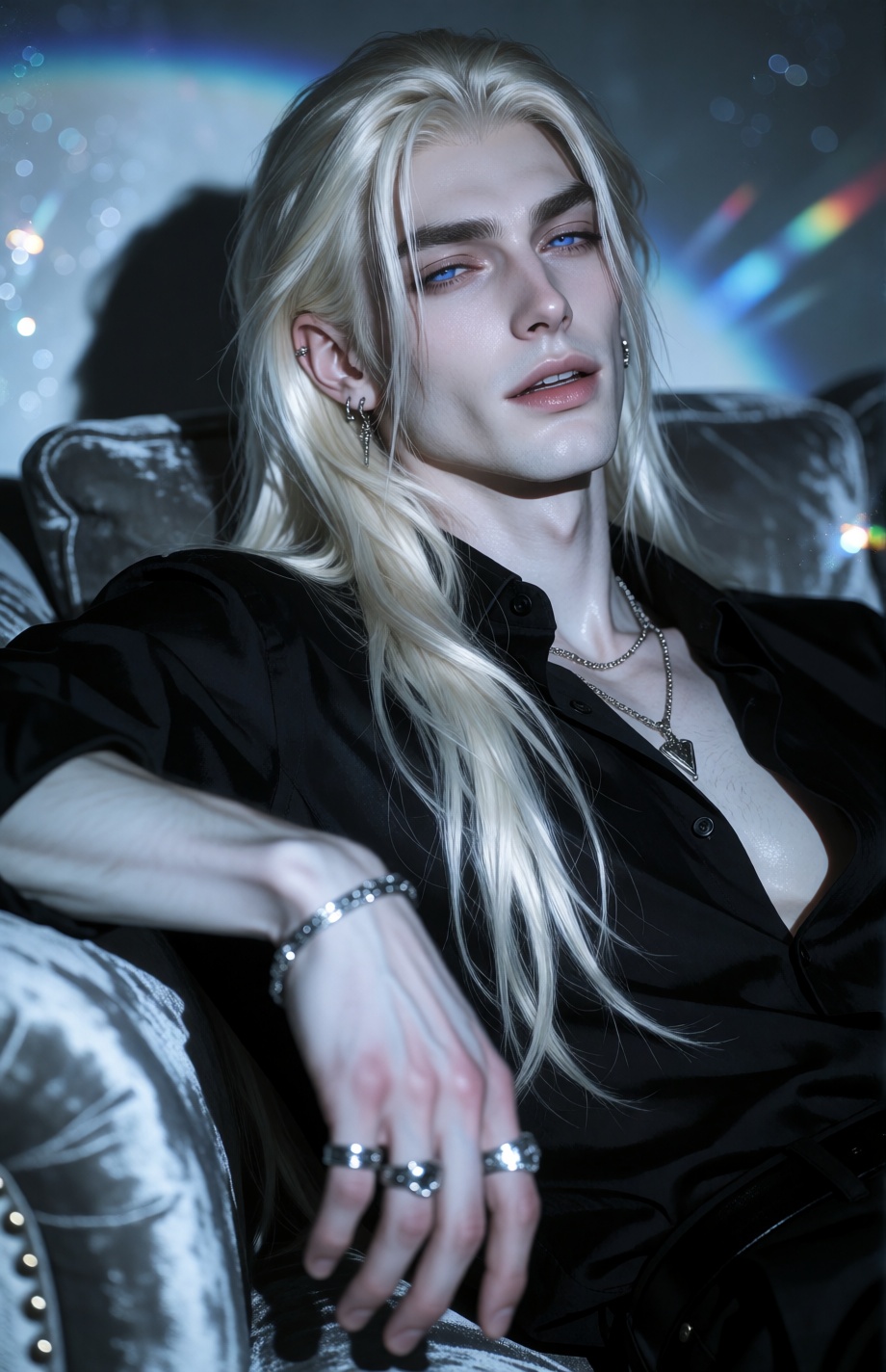 A striking ***** man with very long platinum-blonde straight hair and vivid blue eyes that almost glow looks toward the ca...