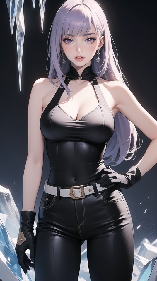 (best quality), ((masterpiece)), (highres), illustration, original, extremely detailed,1girl, long hair, solo, kula diamond, ice, purple eyes, breasts, gloves, hand on hip, belt, lips