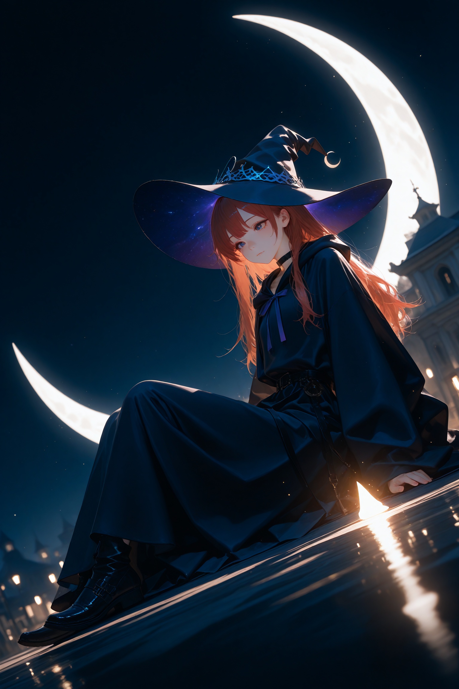 masterpiece,best quality,amazing quality,very aesthetic,absurdres,newest,extreme aesthetic,in the style of fashion photography,light particles,cinematic lighting,Visual impact,sharp focus,Emotionalization,depth of field,dutch angle,scenery,beautiful and aesthetic:1.2),(1girl:1.4),extreme detailed,A witch sitting on a crescent moon,witch robe,witch hat,surreal,748cmstyle,re4lity_sync_illu,