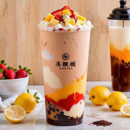 Generate a photo-realistic image of a unique pearl milk tea, creatively composed of layers made from strawberries, lemons, cheese, and chocolate. Each layer distinctively represents its ingredient, showcasing vibrant colors and textures that entice the viewer. The pearls themselves should appear as if they are made from each of these flavors, adding a whimsical twist to the traditional beverage. The cup is clear, allowing all layers to be visible, with 'BOBOTEA' artistically written on its surface. The overall composition should be visually appealing, inviting one to taste this innovative concoction, <lora:tteaw:0.8>