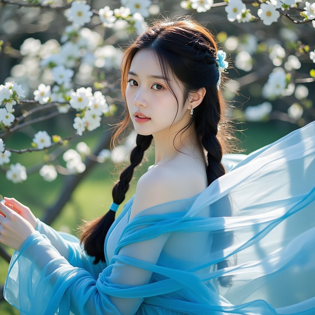 qingsha,qingsha,A photo of an Asian woman with fair skin and loose braids of long dark hair. She was wearing a transparent blue off shoulder dress, with flowing fabric and sunlight shining on it. Half body photo with blooming flowers in the background. This photo exudes a serene and ethereal aura.